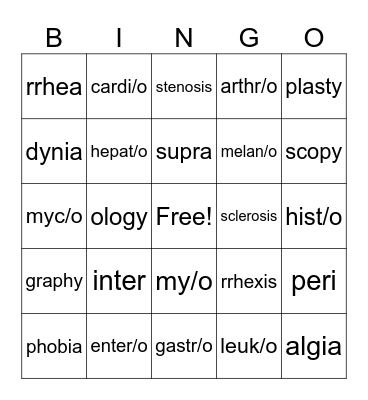 Medical Terminology Bingo Card