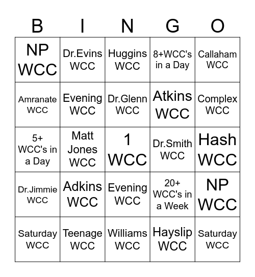 WCC Bingo Week 4 Bingo Card