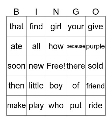 Star Words Bingo Card