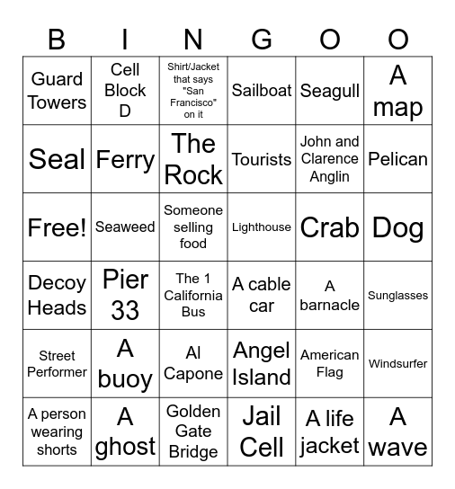 Alcatraz & Pier 39 Bingo Card