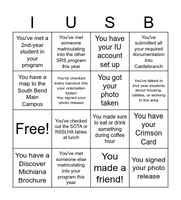 SRS 2023 ORIENTATION BINGO Card