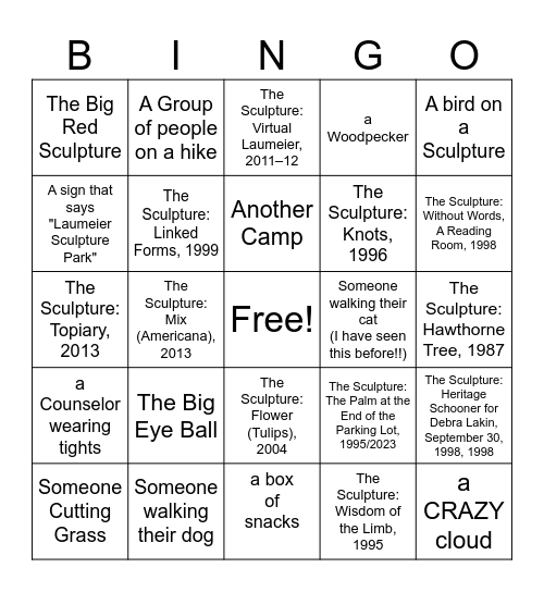 Laumeier Sculpture Park BINGO Card