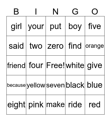 Star Words Bingo Card