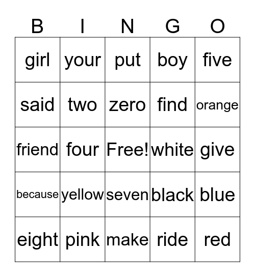 Star Words Bingo Card
