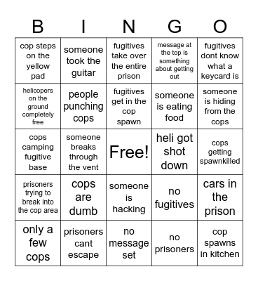 Redwood Prison bingo Card