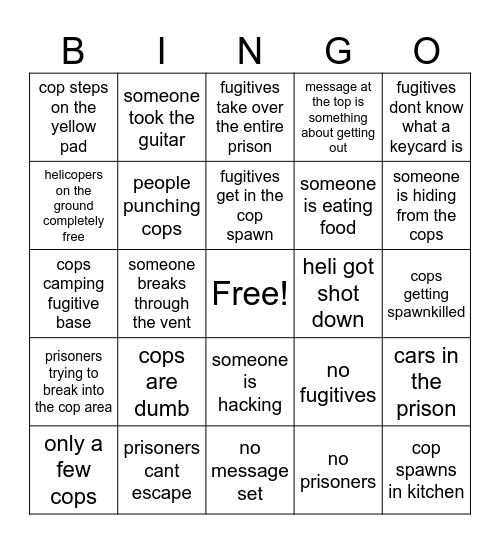 Redwood Prison bingo Card