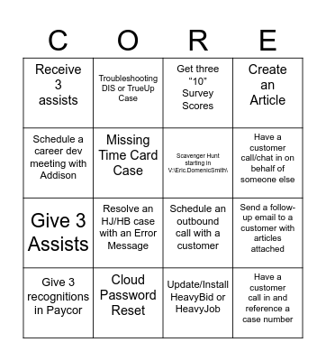 HCSS CORE Support Bingo Card