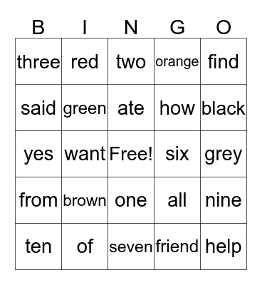 Star Words Bingo Card