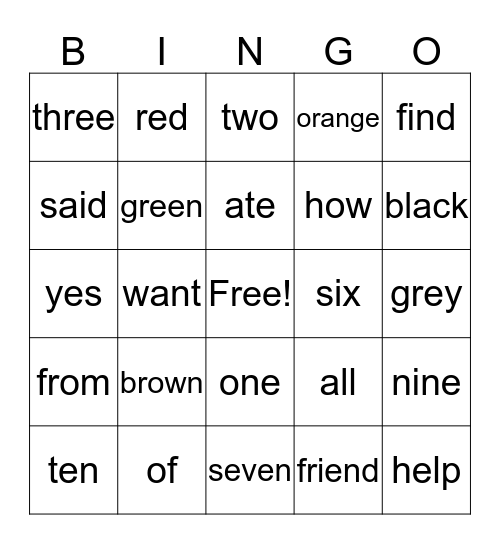 Star Words Bingo Card
