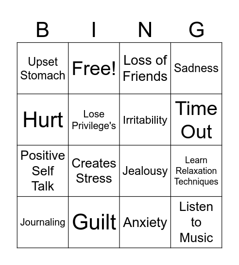 Anger Bingo Card