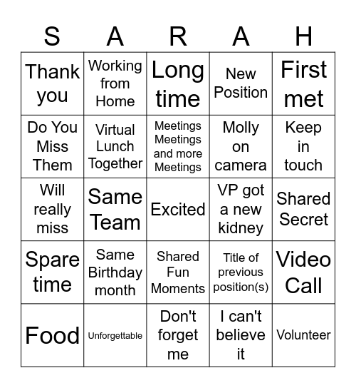 Farewell Sarah! Bingo Card