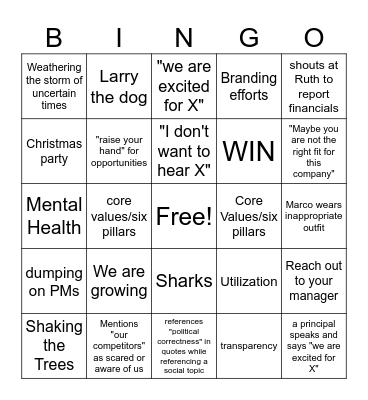 Company Wide Call Bingo Card