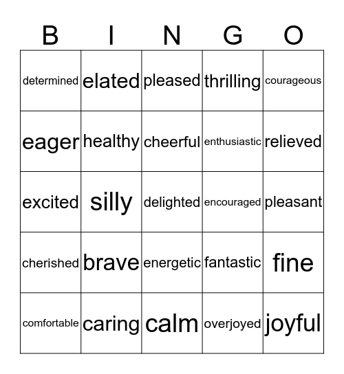 Good and Bad Feelings Bingo Card