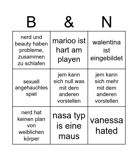 beauty and the nerdiiiii Bingo Card