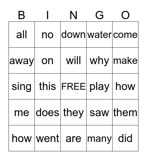 Unit 2 sight word bingo Card