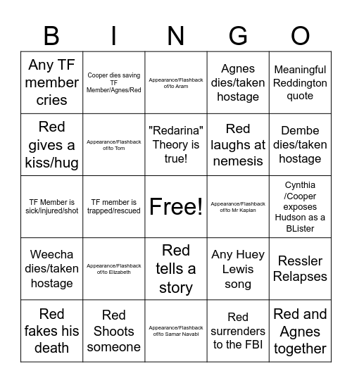 The Blacklist Series Finale Bingo Card