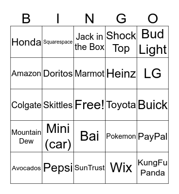 SuperBowl Commercial Bingo Card