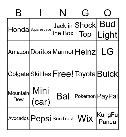 SuperBowl Commercial Bingo Card