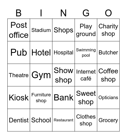 Places in a town Bingo Card