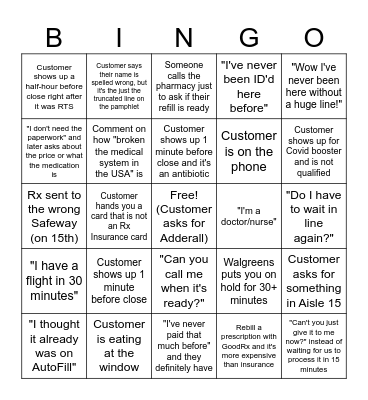 A Day at Safeway Pharmacy Bingo Card
