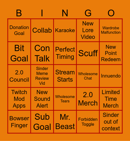 2.0 Stream Bingo Card