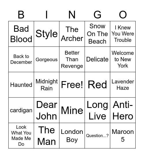 Music Bingo (Taylor's Version) Bingo Card