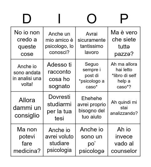 Ah ma sei unə psicologə? Bingo Card