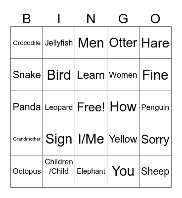 ASL 1 (Intro, Colors and Animals) Bingo Card