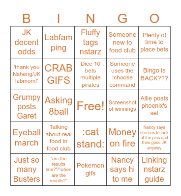 Food Club 2 Bingo Card