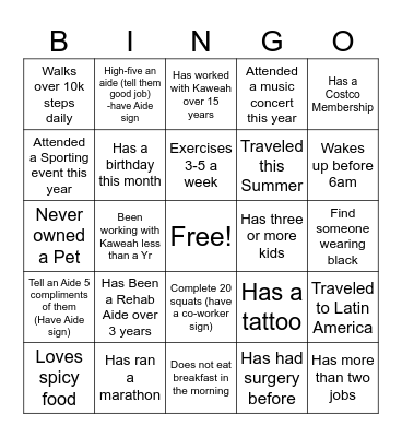 Rehab Aide Celebration Bingo Card