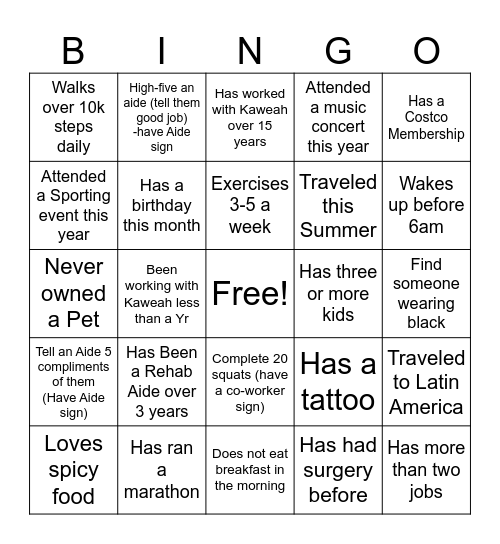 Rehab Aide Celebration Bingo Card