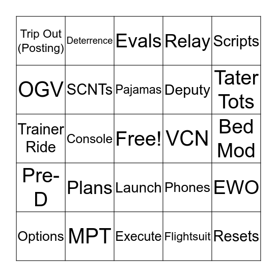 Missileer Ops Bingo Card