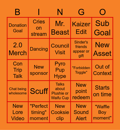 2.0 Sinder Stream Bingo Card