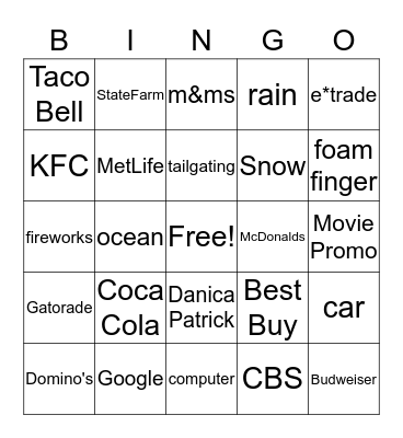 Super Bowl Commercial Bingo Card