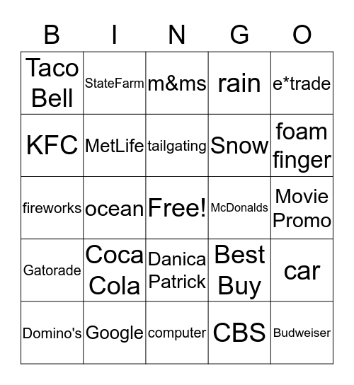 Super Bowl Commercial Bingo Card