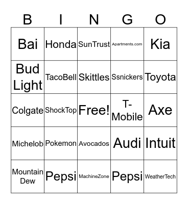 SuperBowl Commercial Bingo Card