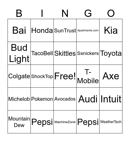 SuperBowl Commercial Bingo Card