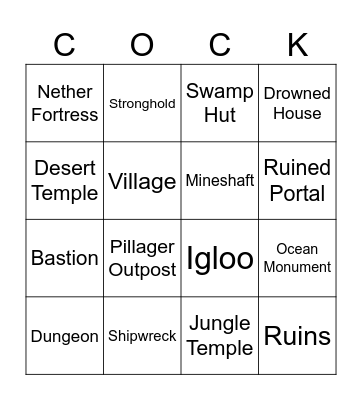 Minecraft Structures Bingo Card