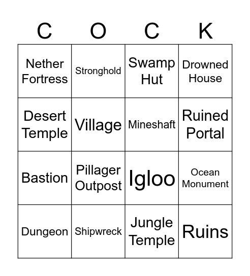 Minecraft Structures Bingo Card
