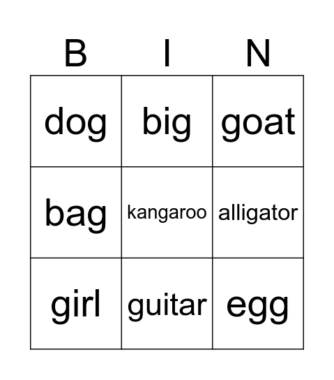 G Words Bingo Card