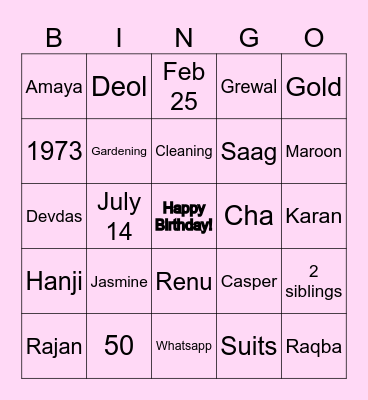 Renu's Birthday Bingo Card