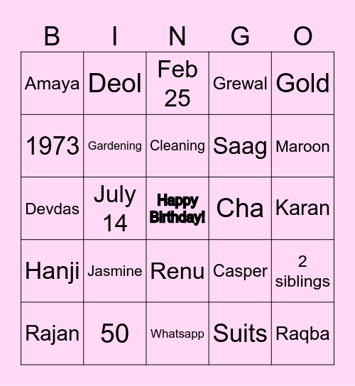 Renu's Birthday Bingo Card