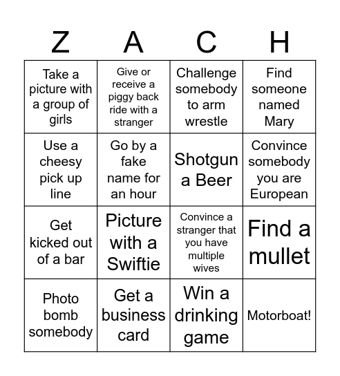 Zach Bachelor Party Bingo Card