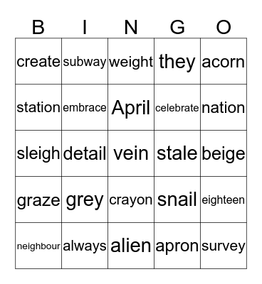 Long a sounds Bingo Card