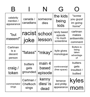south park bingo new Bingo Card