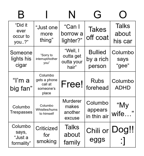 Columbo!! Bingo Card