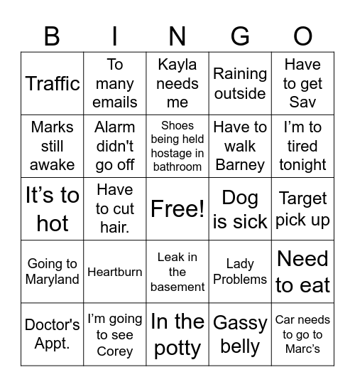 Excuse Bingo Card