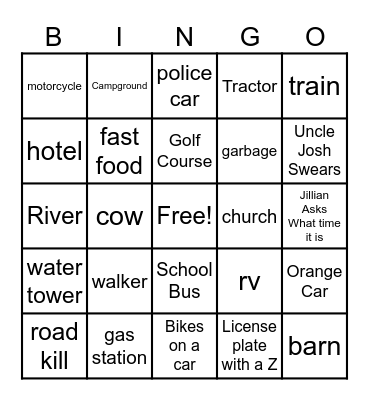 road trip Bingo Card