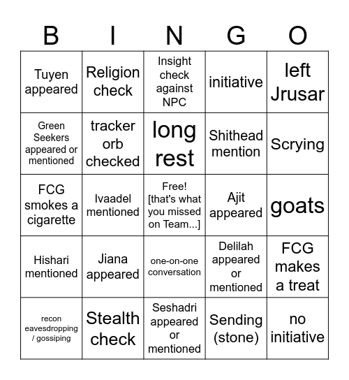 Looking For Familiar Faces, Maybe [Critical Role 3.65] Bingo Card