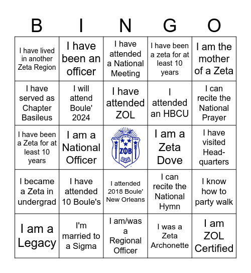 Zeta Phi Beta Sorority Bingo Card